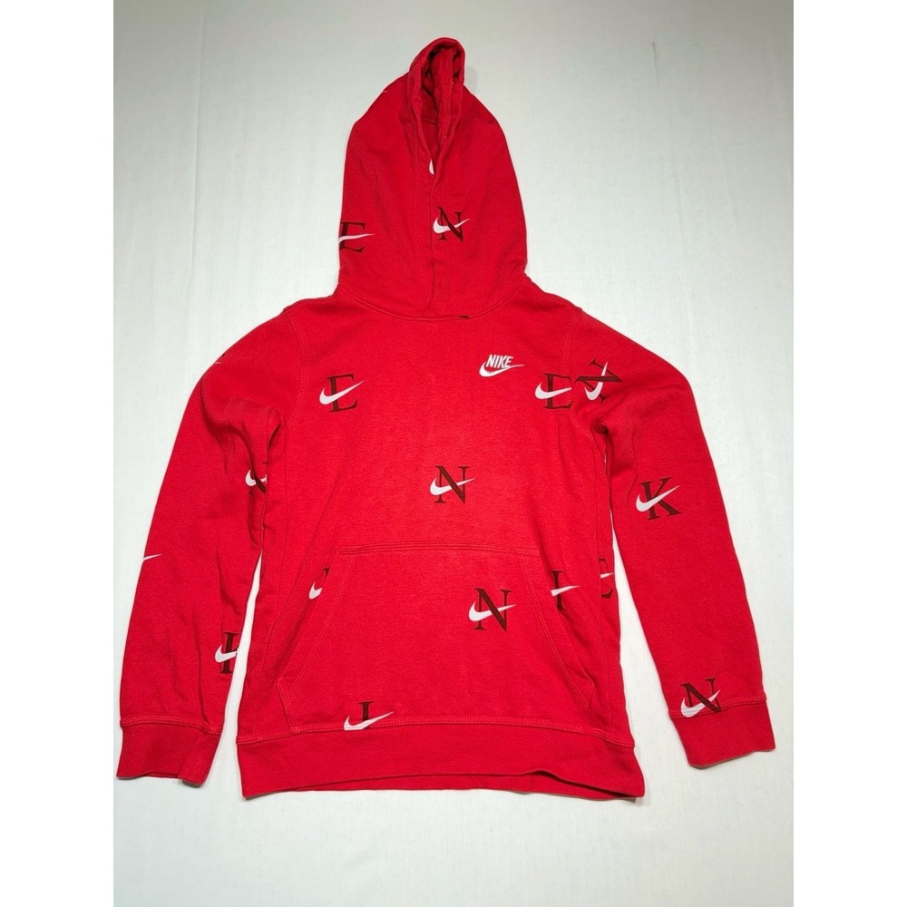 Nike Boys Red All Over Print Logo Pullover Hoodie Sweatshirt Size Medium